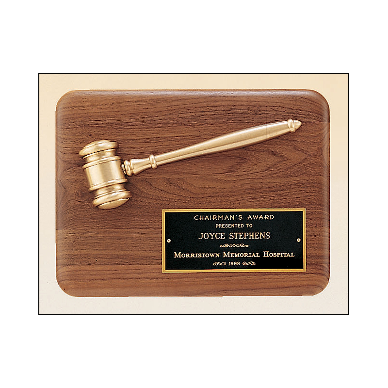 American walnut plaque with an antique bronze gavel casting