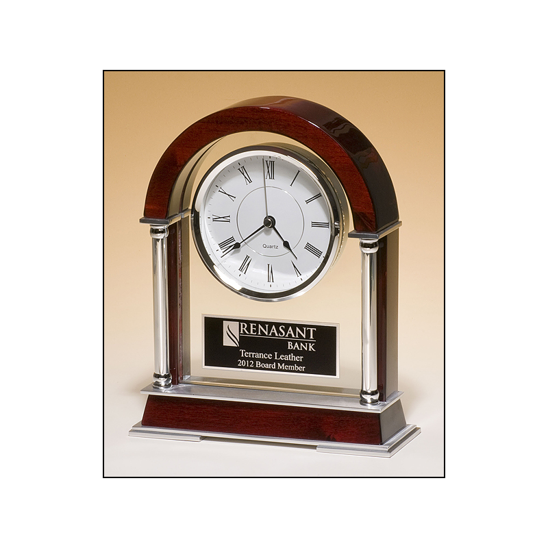 Rosewood Piano Finish Mantle Clock with Chrome Plated Posts and Silver Aluminum Accents BC879