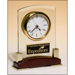 Beveled Glass Desktop Clock, Rosewood Piano FInish Base with Gold Metal Accents BC872