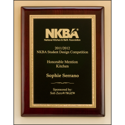 Rosewood piano-finish plaque featuring a gold florentine border with textured black center engraving plate (11x14)