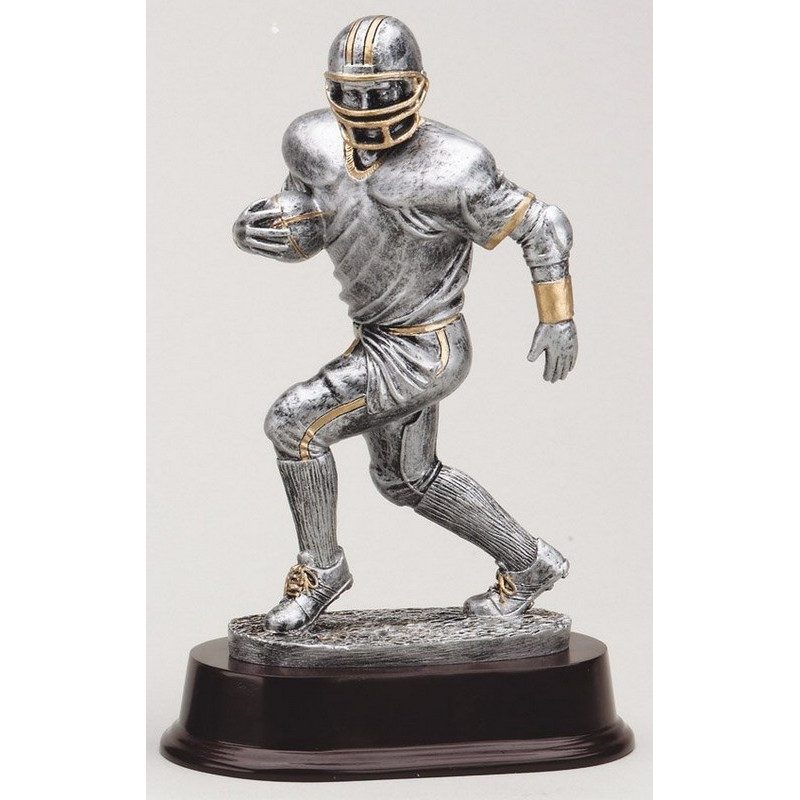 Football Runner- Silver and Gold Resin Sculpture on Dark Brown Base